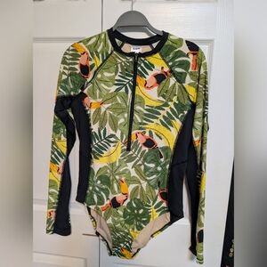 Duluth Women’s longsleeve FullZip Rash Guard Size 12 Toucan Tropical